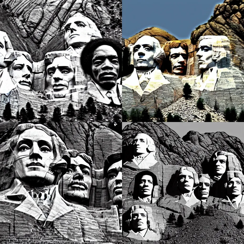 Prompt: Mount Rushmore with the faces of Jimmy Hendrix, Robert Johnson, Joei Satriani, Jack White and Robert Plant