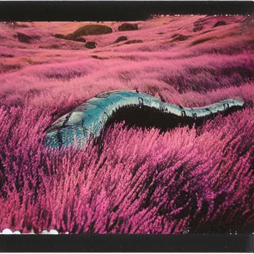 Image similar to polaroid photo of a sea serpent in the heather on the north yorkshire moors