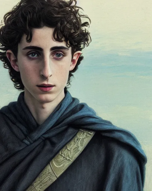 Image similar to beautiful paul atreides timothee chalamet with a three day beard, emperor of the known universe, completely blue eyes, perfect dramatic and dark portrait insanely detailed, concept art, deep focus, intricate, highly detailed, digital painting, artstation, matte, sharp focus, illustration, art by greg rutkowski and alphonse mucha, low angle, dominant eye