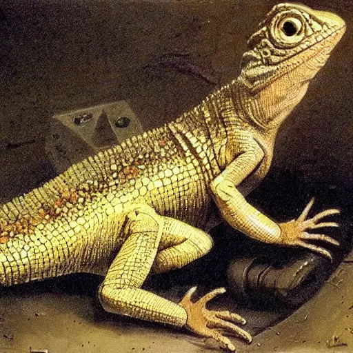 Prompt: a lizard made out of cardboard in a sewer, painting by rembrandt