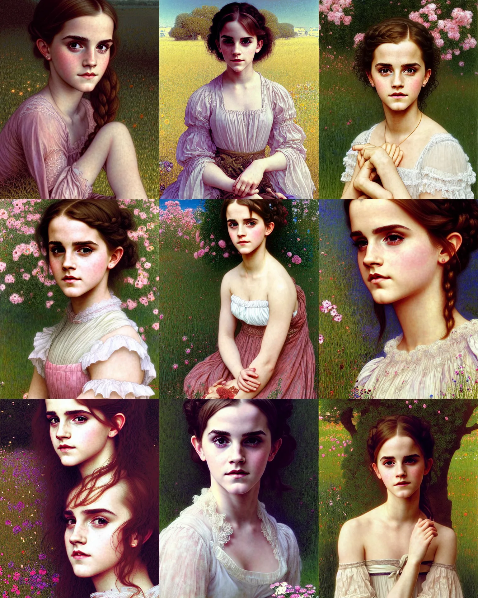 Prompt: portrait of beautiful cute young country maiden emma watson in lace, summertime, high details, art by ( ( ( kuvshinov ilya ) ) ) and wayne barlowe and gustav klimt and artgerm and wlop and william - adolphe bouguereau