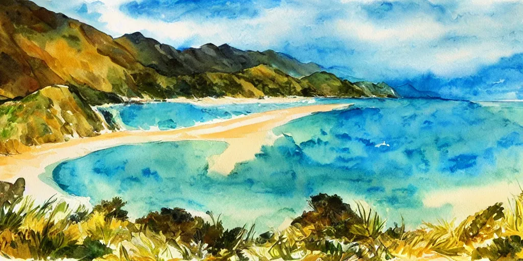 Image similar to golden bay new zealand, abel tasman, colorful watercolor painting, trending on artstation