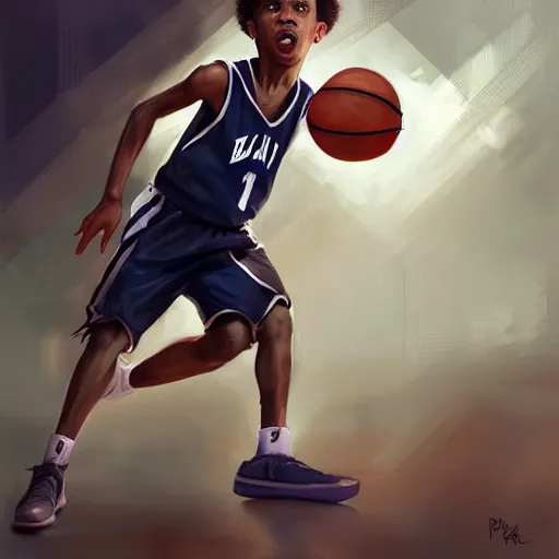 Image similar to portrait of a boy at a basketball court playing basketball wearing a basketball uniform in a basketball court standing near the basketball hoop, poised, intense emotion, detailed facial expression, detailed surroundings, intricate, elegant, highly detailed, centered, digital painting, artstation, concept art, smooth, sharp focus, illustration, by Peter Mohrbacher, WLOP