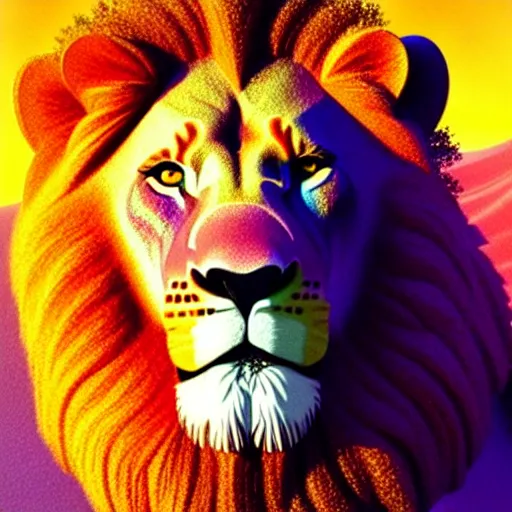 Image similar to lion made of rainbow sand, multicolor, very colourful, volumetric light, cinematic, extremely detailed, cgi, trending on artstation, hyper realistic, hd wallpaper, sharp, michael whelan, ted nasmith