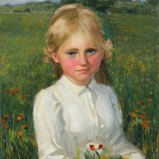 Image similar to young blonde pioneer girl in a meadow, portrait, oil