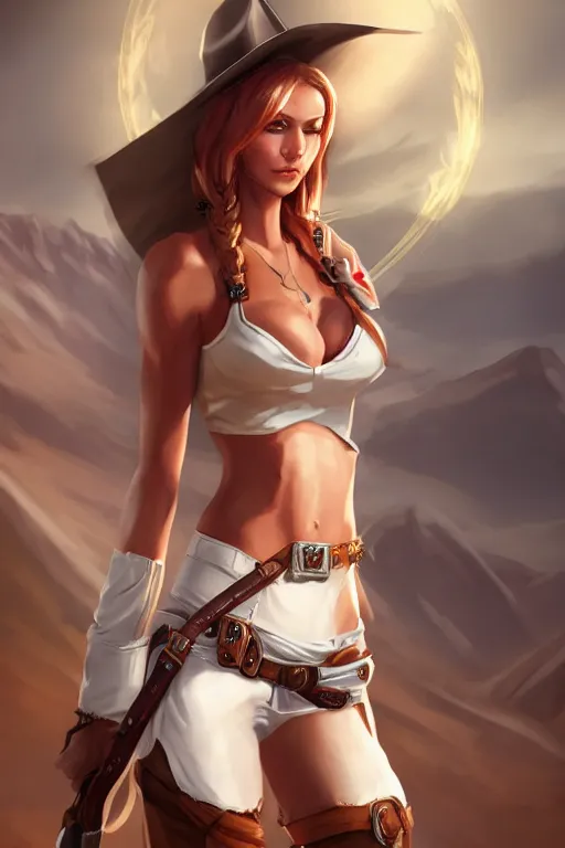 Image similar to full body, female cowgirl, perfect face, white blouse, holster, 8 k, magic the gathering, desert, d & d, artstation, high detail, smooth, muscular