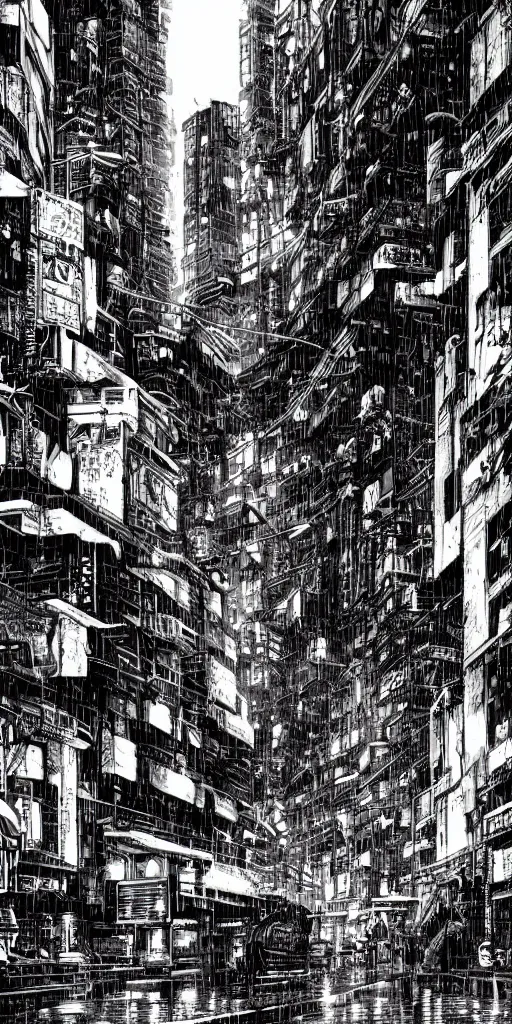 Image similar to manga illustration of poor cyberpunk city, rainy weather, highly detailed,