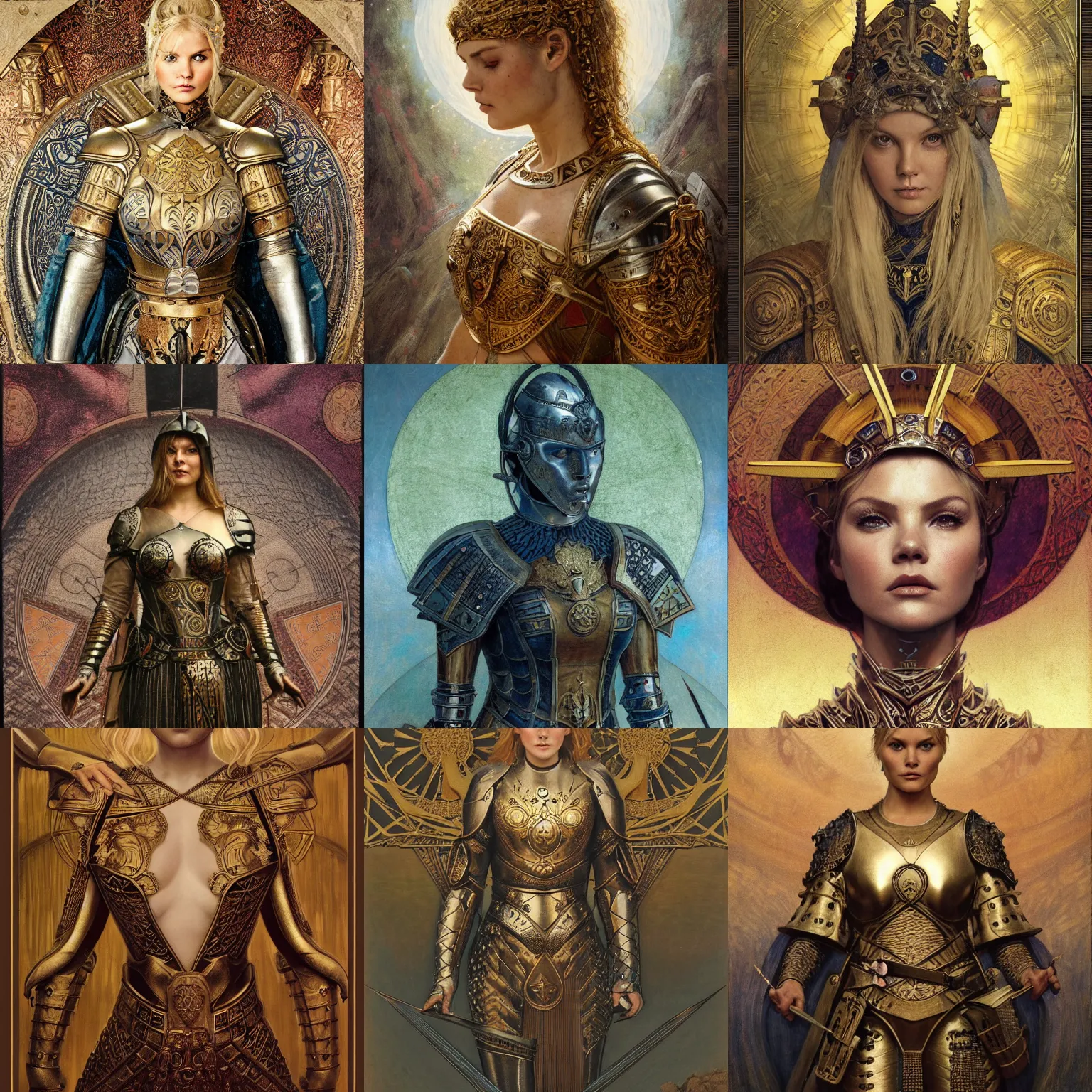 Prompt: Elisha Cuthbert as a medieval warrior, intricate medieval armour, masterpiece centred symmetrical portrait, rule of thirds, shoulders and head, art nouveau tarot style, golden halo, by Edgar Maxence, Ross Tran, distaw Beksinski, Michael Whelan, gustav dore, H.R. Giger, and Mucha, 8k, octane render