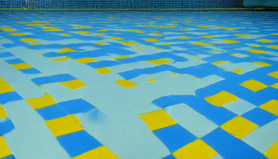 Image similar to 1 9 6 0 s movie still of an empty blue and yellow tiles municipal swimmingpool, low quality, liminal space style