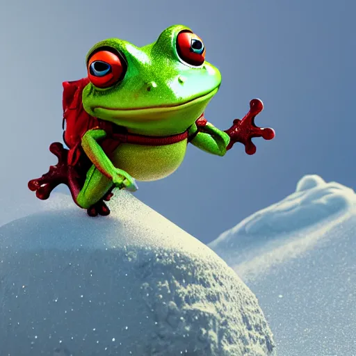 Image similar to 3 d octane render chibi frog character skiing down a mountain, pixar style