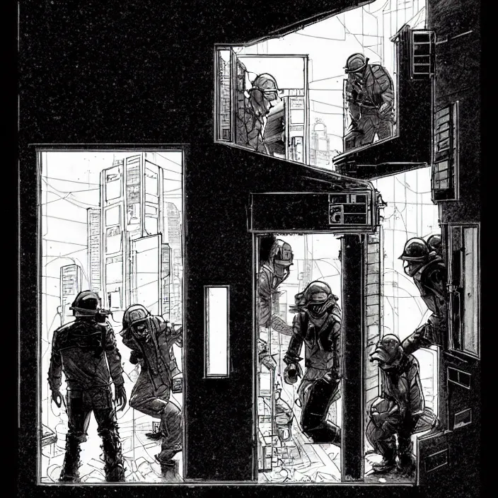 Image similar to miners wait to enter a tiny cubic building with one door. storyboard panel, scifi cyberpunk. by gabriel hardman, joe alves, chris bonura. cinematic atmosphere, detailed and intricate, perfect anatomy