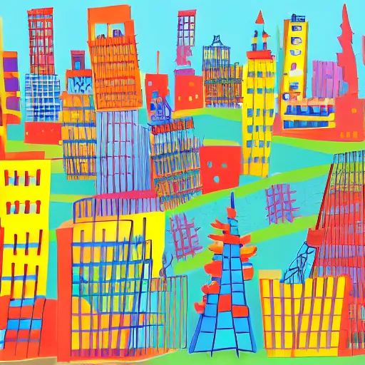 Prompt: city scape, colorful kids book illustration by dr seuss, with towers, bridges, stairs