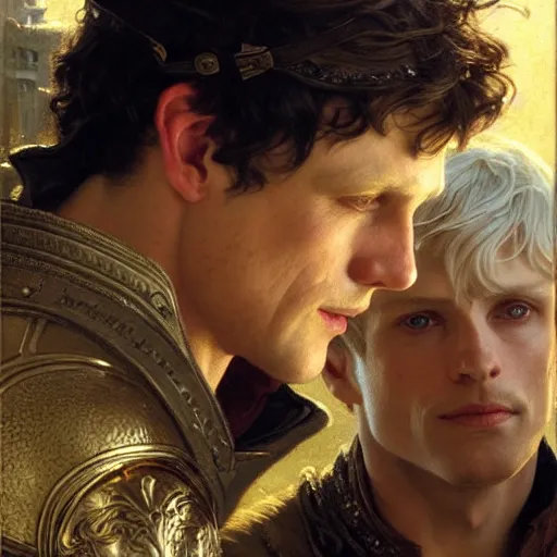 Prompt: arthur pendragon and merlin. close up of their faces. natural lighting. highly detailed painting by gaston bussiere, j. c. leyendecker, greg rutkowski 8 k