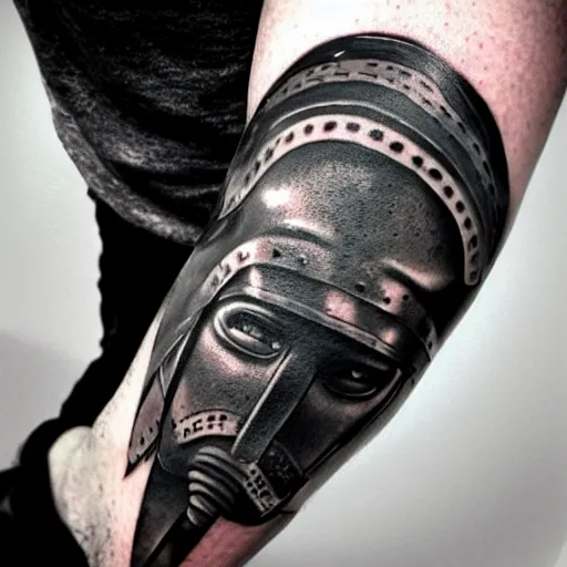 Image similar to A male gladiator wearing a thracian helmet action shot, tattoo, tattoo art, Black and grey tattoo style