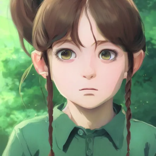 Image similar to portrait of a child with brown wavy pigtails and green eyes, forest background, highly detailed, digital painting, artstation, matte, by makoto shinkai, animation style, studio ghibli, anime key visual