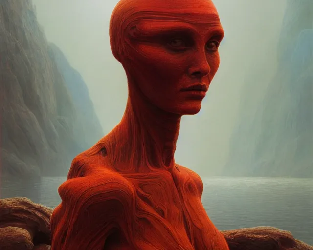 Prompt: iridescent, portrait, rocky lake shore, alien woman, glowing red, by edgar maxence and ross tran, zdzisław beksinski, and michael whelan, distant, gustav dore, h. r. giger, 8 k, octane render