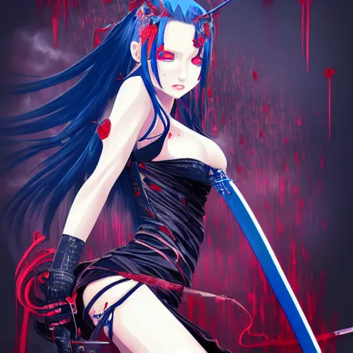 Image similar to seductive female vampire holding a bloodied katana, in the rain, highly detailed, painting, dark red and azure blue and black color palette, intricate, high quality anime artstyle, in the style of sana takeda