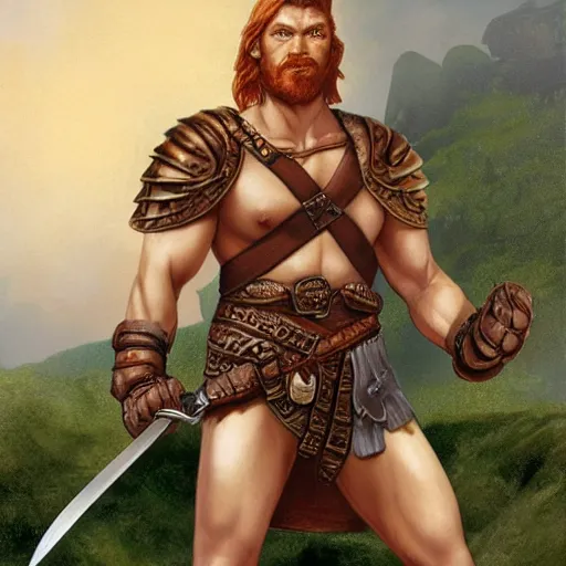 Image similar to character art, d&d, muscular fighter wearing leather chest plate with uncovered arms, ginger hair, great sword, feet standing in a rocky environment by john avon, matte painting by drew struzan and simon bisley, render