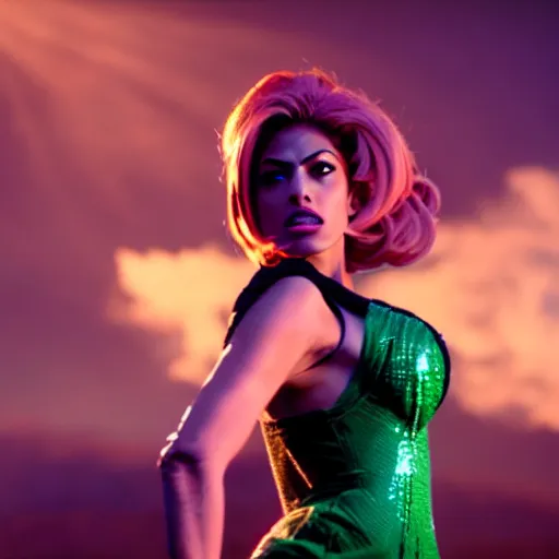 Image similar to cinematic scene with eva mendes as jolyne from jojo's bizarre adventure, live action film, stone ocean, dramatic, small details, volumetric lighting, still frame