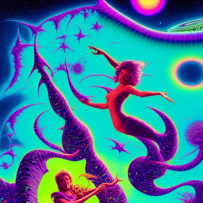 Image similar to cosmic girl and fish float over infinite crystal city, ( ( ( synthwave ) ) ), ( ( fractal waves ) ), bright neon colors, highly detailed, cinematic, tim white, roger dean, michael whelan, caza, bob eggleton, philippe druillet, vladimir kush, kubrick, alfred kelsner, isono, kimura, vallejo