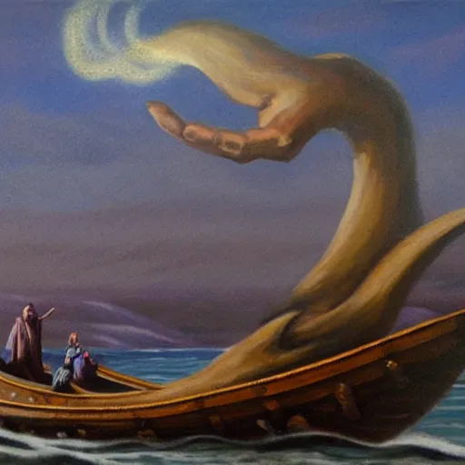 Prompt: an oil painting of a giant purple hand, coming out of the ocean, holding a viking ship