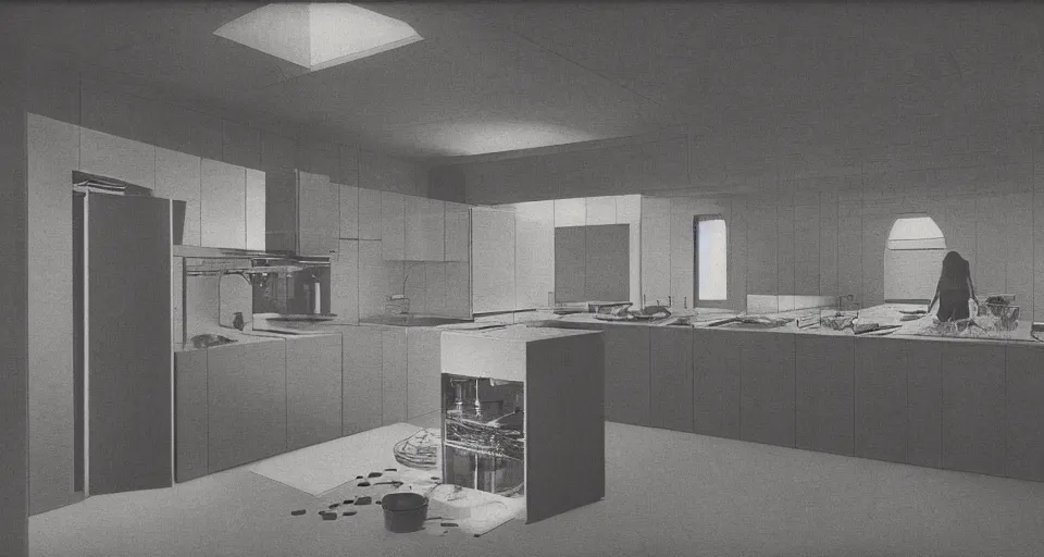 Prompt: IKEA catalogue photo of a kitchen on a spaceship, by Beksinski