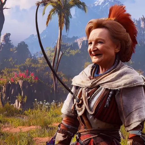 Image similar to film still of Betty White as Aloy in Horizon Zero Dawn