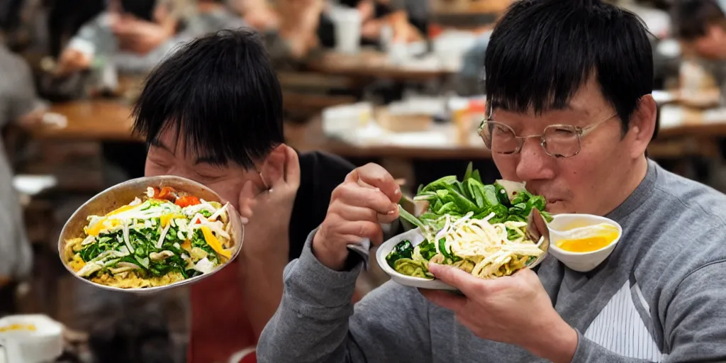 Image similar to a man eating bibimbap by huskmitnavn, black and white