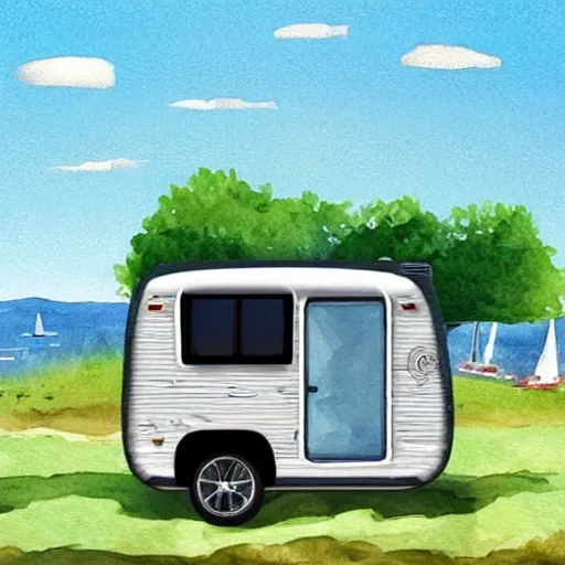 Prompt: long!! towable long white rv!!! camper on the grass by the harbor in maine, rocky coast, sailboats in the water, tiny village, white background, cute digital watercolor art, 4 colors!!! trending on artstation