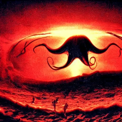 Image similar to the filmic anti - christ rising from a red ocean. alien squid appear. ominous. vivid color detailed photograph from a 1 9 9 0 s horror movie.