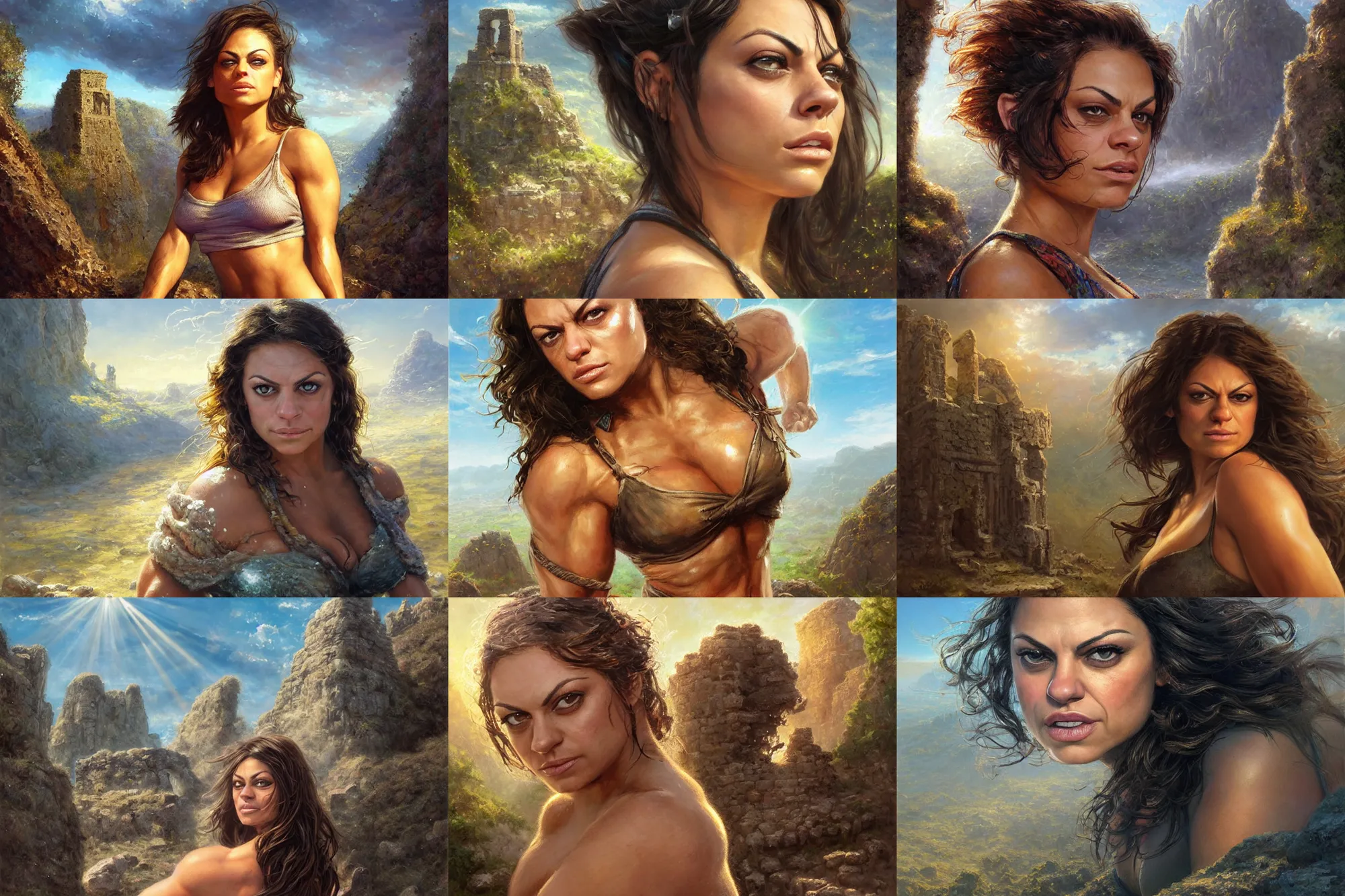 Prompt: cute face portrait of muscled Mila Kunis with no hair chilling on a rock, sun down golden hour , ancient ruins in winter, sun ray prisms through wind swept saturated pollen, intricate, highly detailed, epic vista, very crispy, Ralph Horsley, Daniel F. Gerhartz, Artgerm, Boris Villajo, Lilia Alvarado