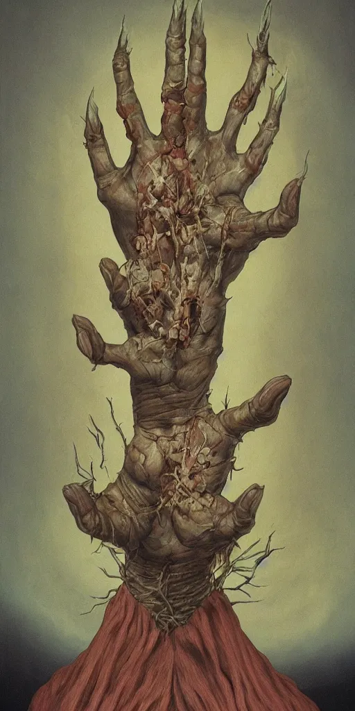 Prompt: anime cornhand portrait of mutant with horn in form of hand, anime, hand transplanted to head, surgery, bump in form of hand, growth on head, hippo, unicorn by zdzisław beksinski, from the tusk movie, greeting hand on head
