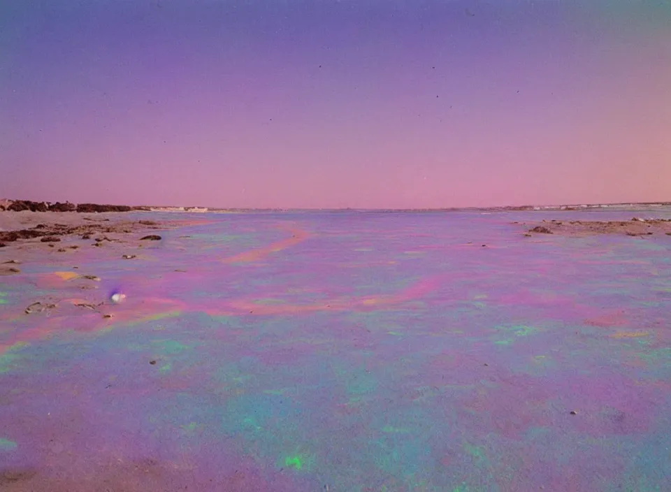 Prompt: a pastel coloured vintage family holiday photo of an empty beach from an alien dreamstate world with chalky pink iridescent!! sand, reflective lavender ocean water, dim bioluminescent plant life and an igloo shaped shiny plastic transparent festival stage and translucent festival box speakers!!. glare. refraction, volumetric light.