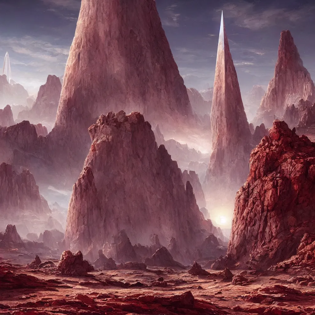 Prompt: red planet landscape with a white huge obelisk in the foreground, crystals in the background by raphael lacoste, don maitz, stephan martiniere