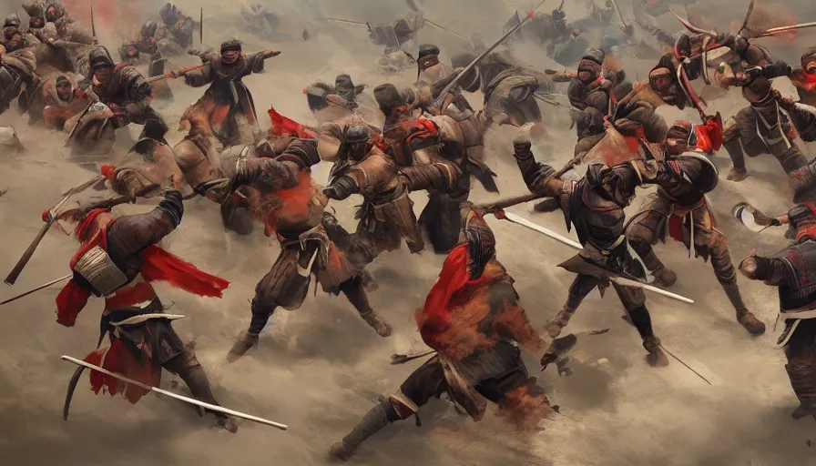 Image similar to fight between and mongols and chinese, artstation