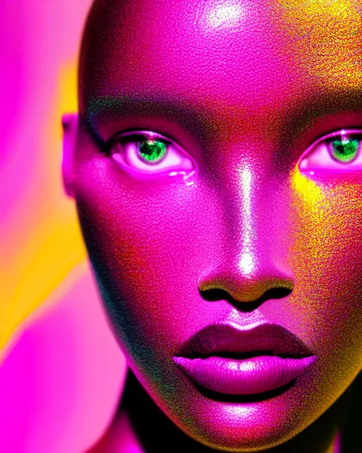 Prompt: hyperrealist highly intricate neo-modern portrait pink pearlescent exoskeleton beautiful goddess concept art pascal blanche key sage dramatic yellow lighting 8k high angle shallow depth of field