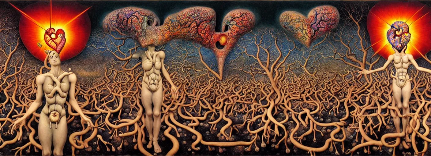 Image similar to mythical war between inner and outer forces in the visceral anatomical human heart imaginal realm of the collective unconscious, in a dark surreal mixed media oil painting by johfra, mc escher and ronny khalil, dramatic lighting from inner fire, 3 0 s cartoons by haeckel