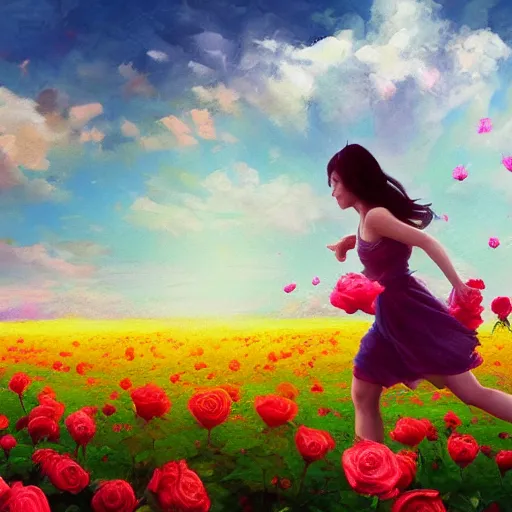 Image similar to giant rose flower head, full body girl running through a flower field, surreal photography, sunrise, dramatic light, impressionist painting, colorful clouds, digital painting, artstation, simon stalenhag