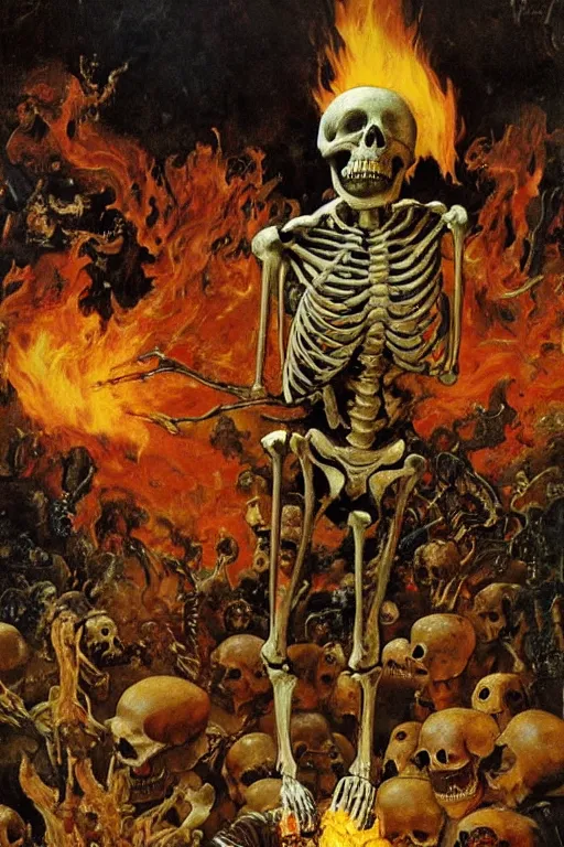 Prompt: a skeleton taming a blazing fire made of souls, channeling third eye energy, surrounded by a background of dark cyber mystic garden of earthly delights, midnight hour, painted part by wojciech siudmak, part by ilya repin, part by norman rockwell, part by hype williams, artstation