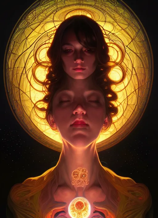 Image similar to symmetry!! portrait of female, cosmic horror, lovecraftian horror, glowing lights!! intricate, elegant, highly detailed, digital painting, artstation, concept art, smooth, sharp focus, illustration, art by artgerm and greg rutkowski and alphonse mucha and junji ito, 8 k