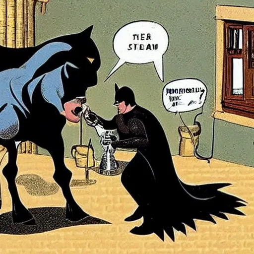 Prompt: batman pouring a pint for a horse