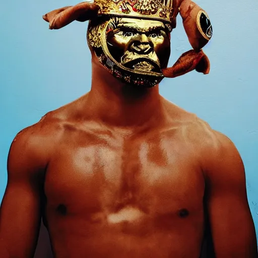 Prompt: Sideview Portrait of professional boxer with a pig head wearing boxing gloves with a gold crown on it's head Shepard Fairey