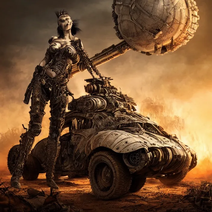 Image similar to beautiful apocalyptic woman with mohawk, standing on mad max panzer tank, hyper-detailed, smooth, sharp focus, 4k ultra hd, fantasy dark art, tank girl, artgerm, artstation, octane render, elegant, detailed digital painting, apocalyptic art, Francis bacon, gears of war, unreal engine, 3d depth map