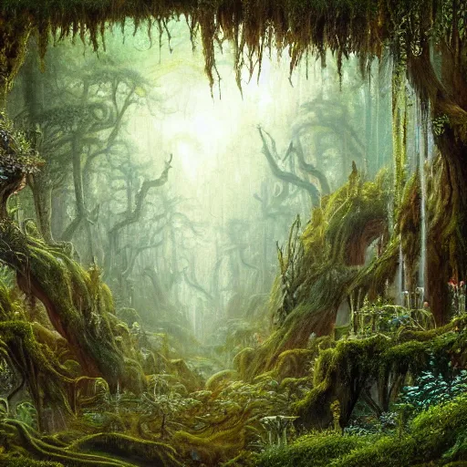 Image similar to a beautiful and highly detailed oil painting of an overgrown elven forest temple in the misty mountains, detailed plants and trees and flowers, intricate details, epic scale, insanely complex, 8 k, sharp focus, hyperrealism, fantasy landscape, psychedelic, by caspar friedrich and james gurney,