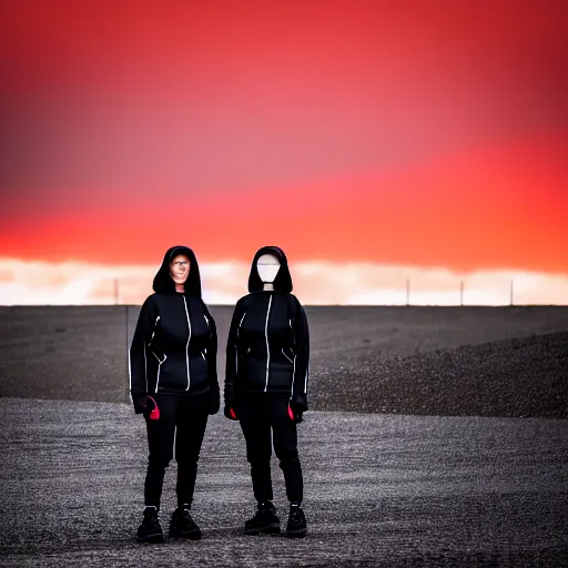 Image similar to photograph of 2 women wearing black techwear in front of a brutalist sharp - edged metal building, on a desolate plain, red eerie sky, sigma 8 5 mm f / 1. 4, 4 k, depth of field, high resolution, highly detailed, 4 k, 8 k, hd, full color