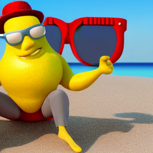 Prompt: Lemon Character wearing sunglasses relaxing on the beach, 3D render, Pixar Still