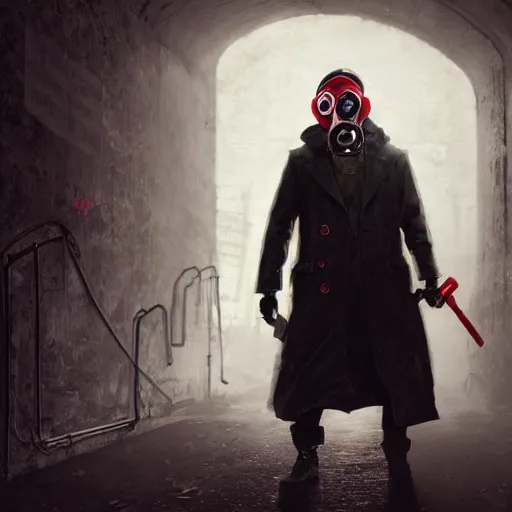 Prompt: hooden villain wearing a gas mask with red goggles, smoke coming out of his long coat, dark background, wall with graffiti, unreal engine 5, ultra realistic, detailed, fog, by greg rutkowski