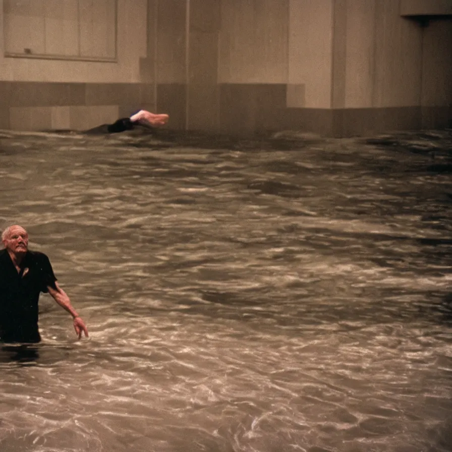 Prompt: 9 0 s movie still of an old man drowning in an empty soviet ballroom flooded with blood, cinestill 8 0 0 t 3 5 mm, heavy grain, high quality, high detail