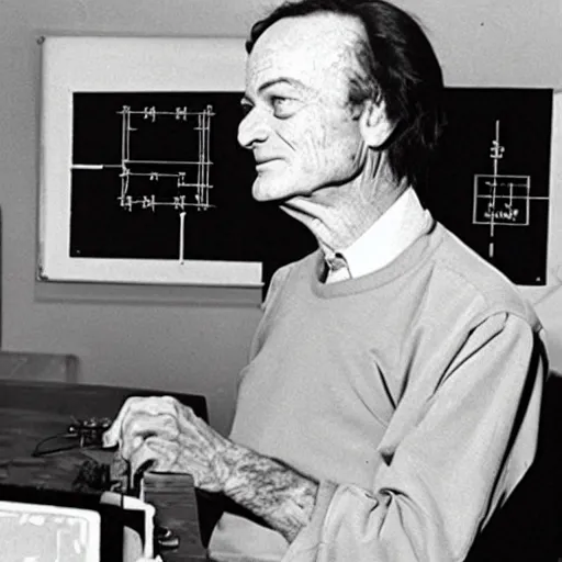 Image similar to richard feynman designing the first atomic baby
