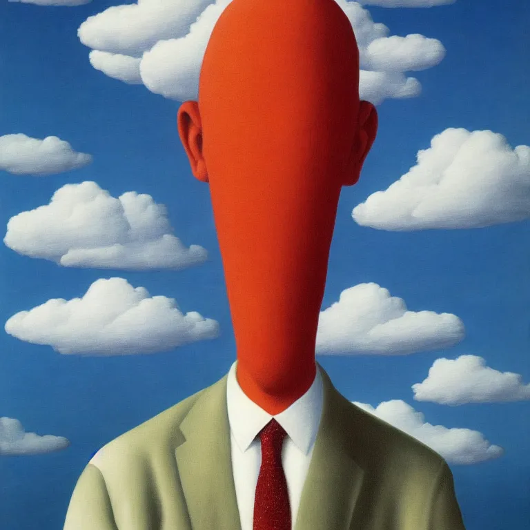 Image similar to portrait of a cloud man by rene magritte, detailed painting, hd, hq, high resolution, high detail, 4 k, 8 k